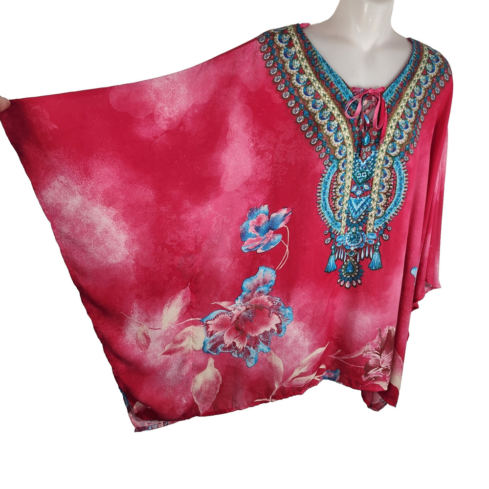 Belle by Kim Gravel Printed V Neck Lace Up Poncho Large Hot Pink Relaxed A491550